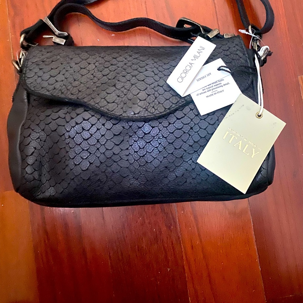 Giorgia Milani Black Leather Textured Reptile Made In Italy Satchel Crossbody